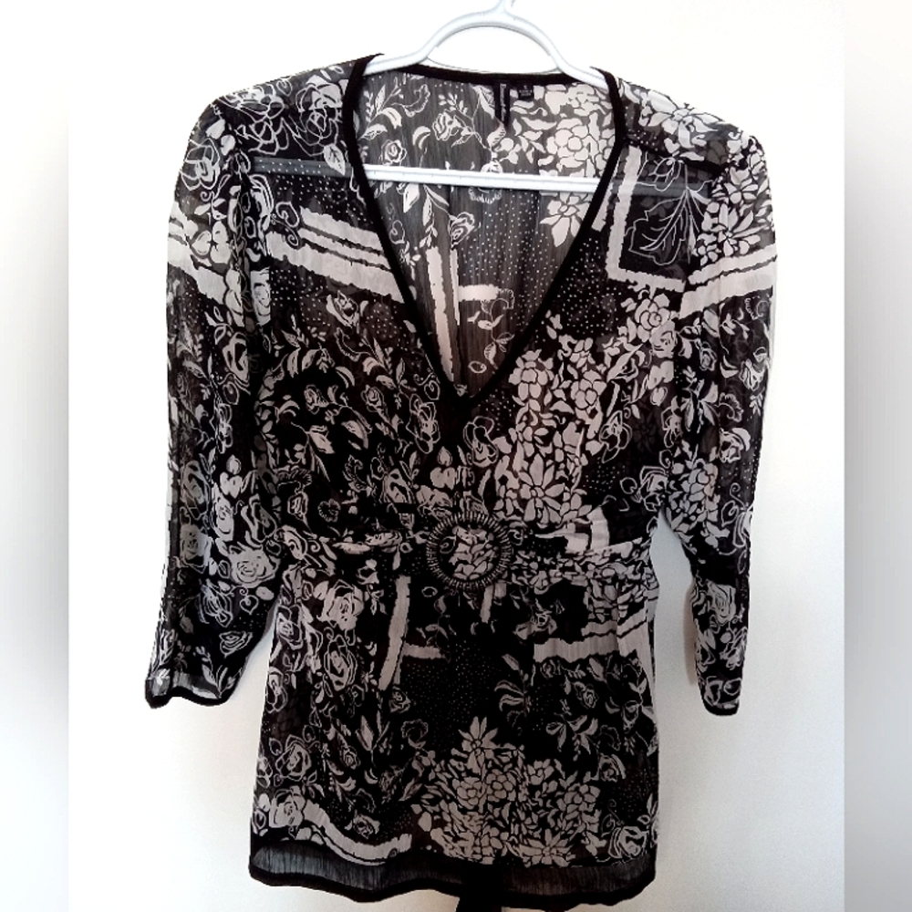 Milano Women's Black & White Floral Peplum Blouse with Faux Belt Small